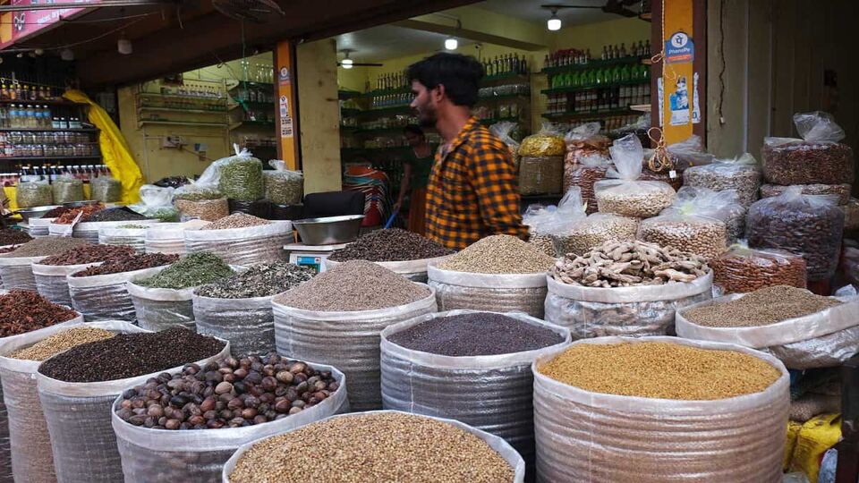 Different spices and herbs in street market in Karnataka, displayed the traditional indian spices.