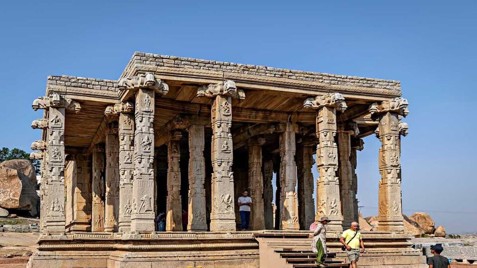 The ancient 8th century, carved stone temple of Aihole, Karnataka, India. The exquisite sculpted monument has been excavated.
