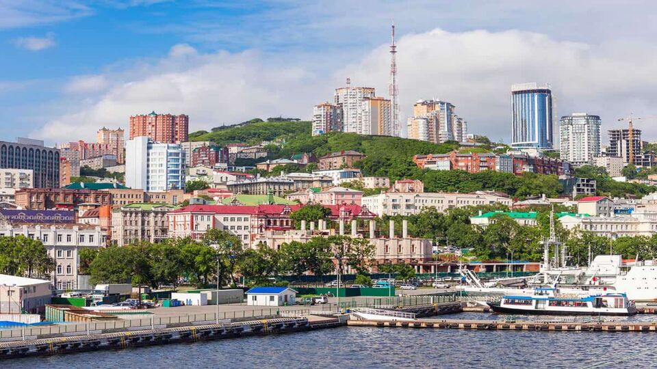 Vladivostok city aerial panoramic view, Primorsky Krai in Russia. Vladivostok is located at the head of the Golden Horn Bay.