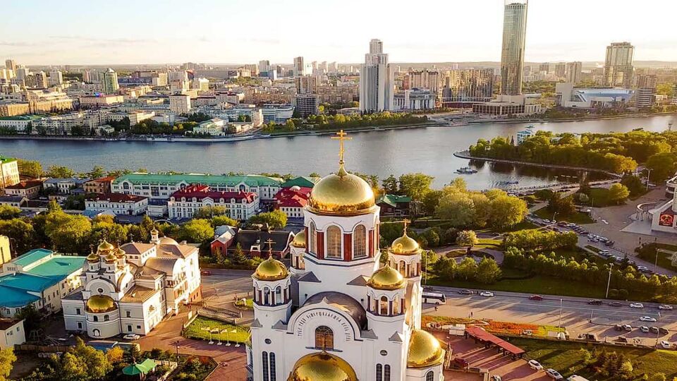 Aerial view of The Church on Blood in the name of All Saints in Ekaterinburg