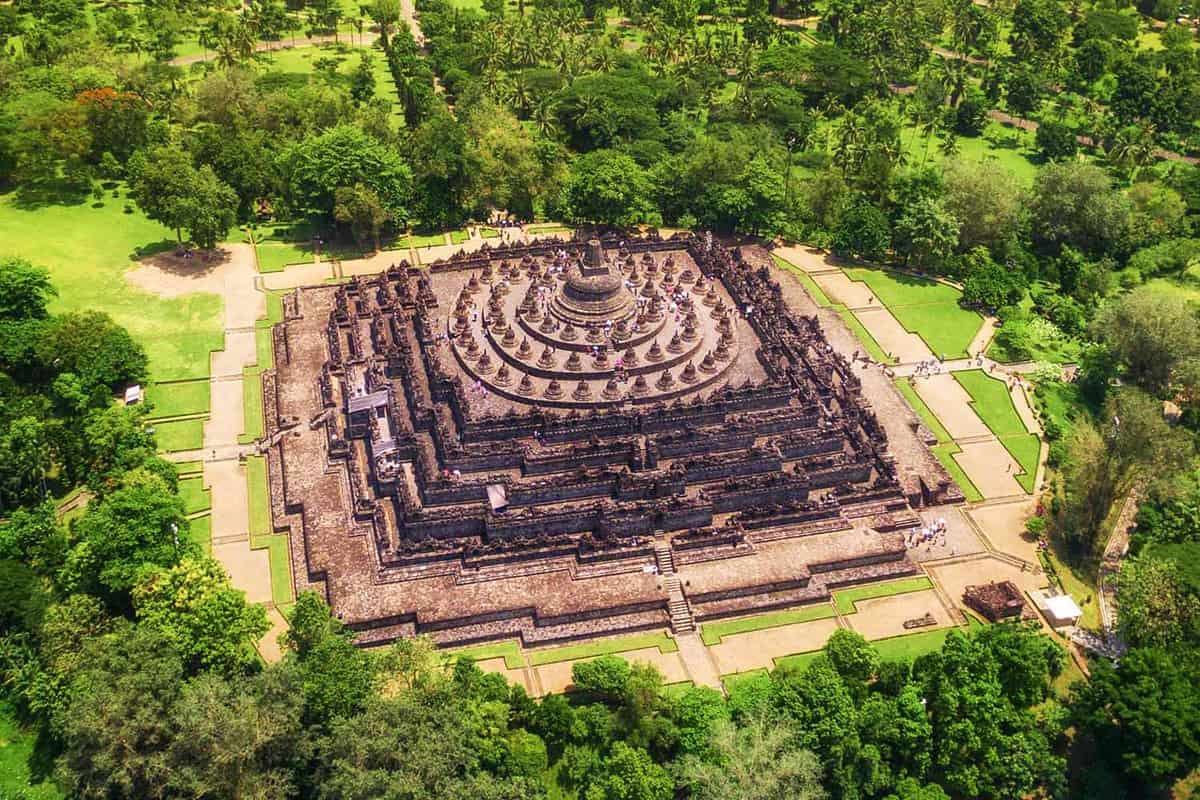 Aerial drone view of the magnificent Borobudur temple