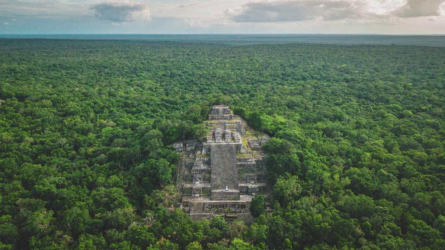 Temple top surrounded by a sea of rainforest