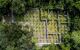 Aerial view of the site and ruins through the trees