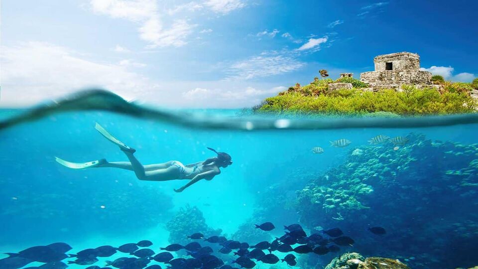 Beautiful coral reef Caribbean sea with lots of fish and a woman on the background of the ancient Mayan city of Tulum. Mexico
