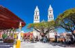 View of the plaza and cathedral in the center of Campeche, Mexico