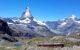 The mountain train from Zermatt up to Gornergrat. Lovely view of the Matterhorn and the small lake Riffelsee. The Gornergrat bahn. Summer in the swiss alps. Switzerland.